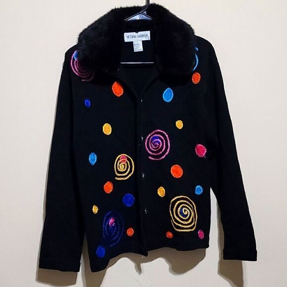 Victoria Harbour Black Vintage 90S Knit Cardigan Sweater Sz Large - Picture 4 of 10